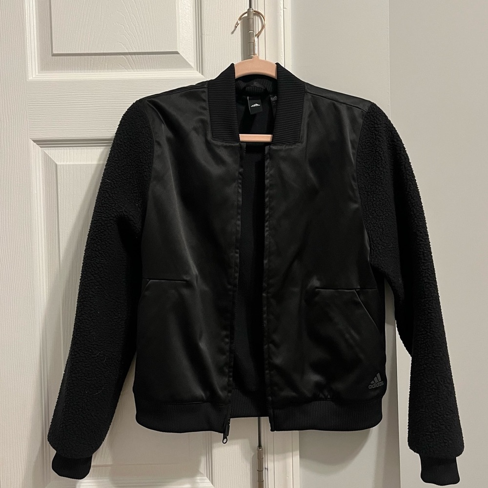 LIKE NEW Adidas Shiny Black Bomber Jacket with Fur Fleece Sleeves - Size S